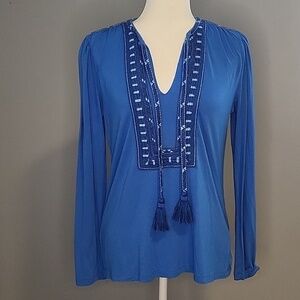 Kobi Halperin Blue Sherilyn Embroidered Long Sleeve Tassel Boho Top - Size XS